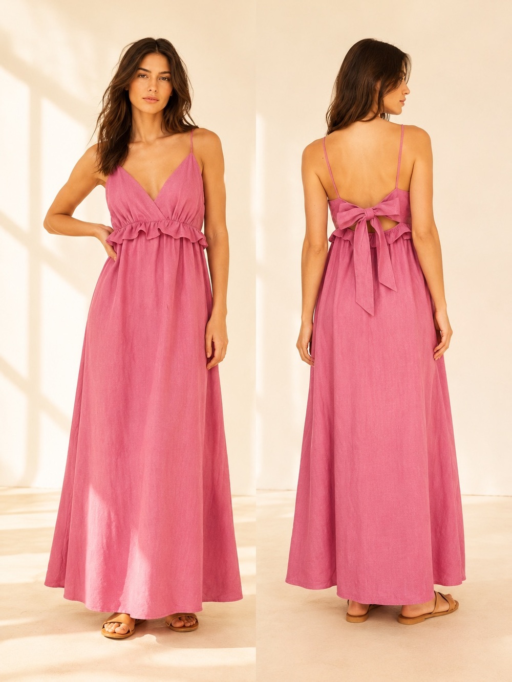 Motivi Italy Linen Blend Maxi Dress Bow Back Coquette Pink Size M